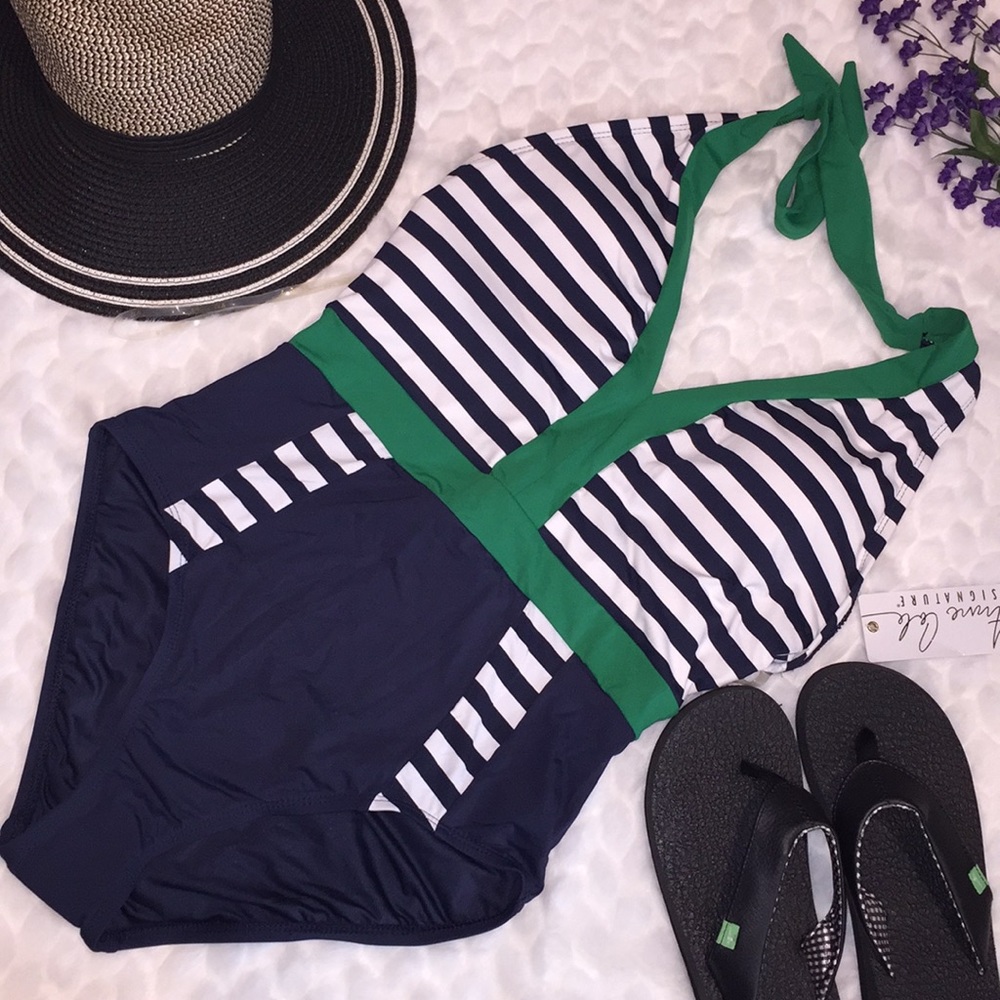 Anne Cole Nautical Striped Halter Swimsuit Navy